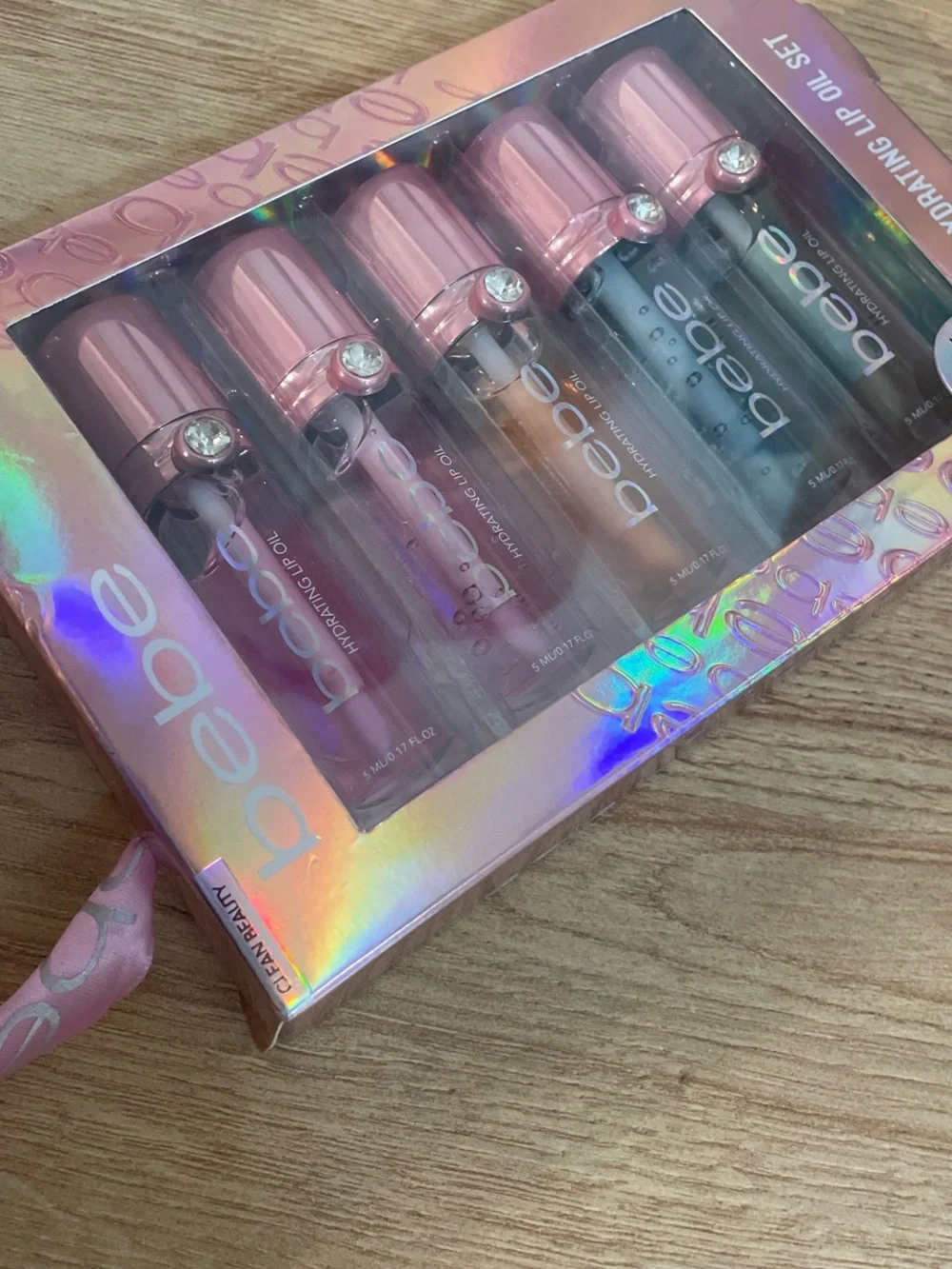 bebe 5-Piece Hydrating Lip Oil Set — Pink, Purple, Peach, Teal, Clear